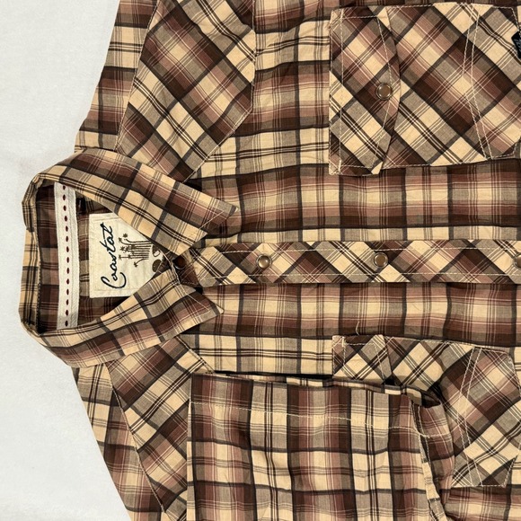 Coastal Brand Mens Plaid Snap Button Short‎ Sleeve Western Shirt Large Brown Tan - Picture 5 of 11
